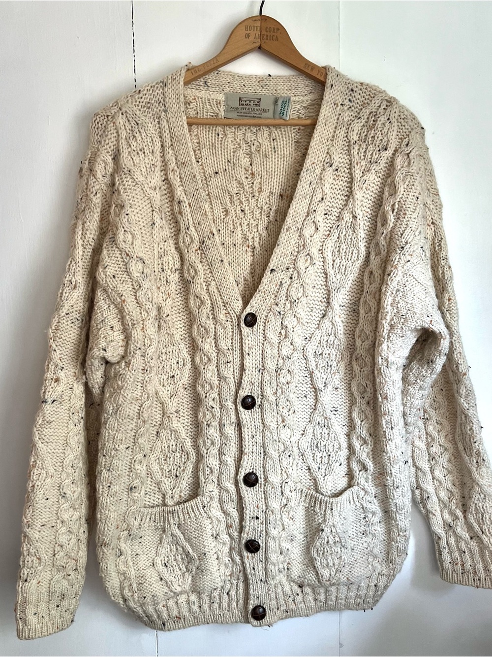 Vtg Aran Sweater Market Cardigan Cream Wool Cable Knit Ireland Buttons - XL